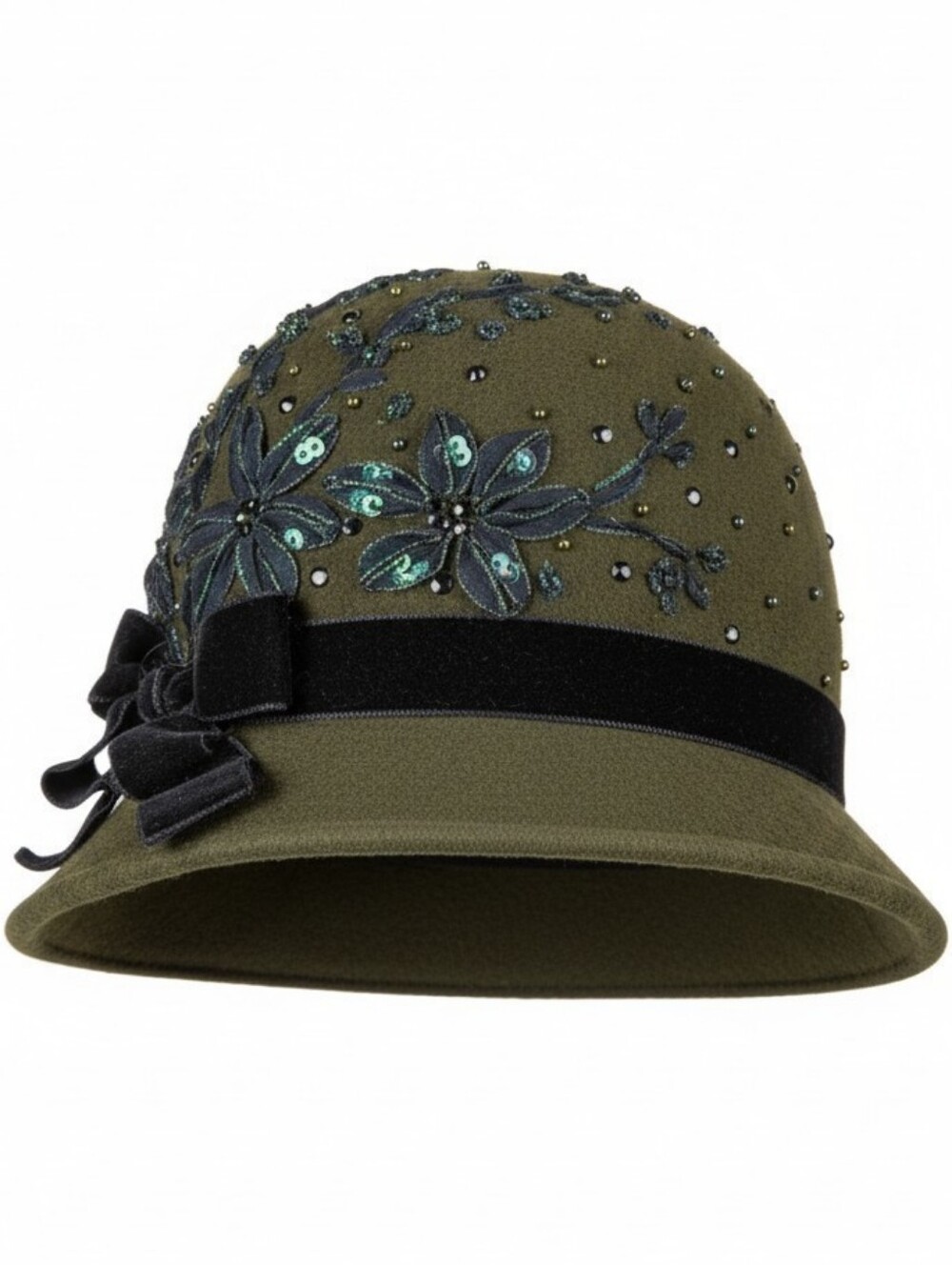 Vtg Louise Green Millinery Olive Wool Cloche Hat Sequined Flower Accent 1920s